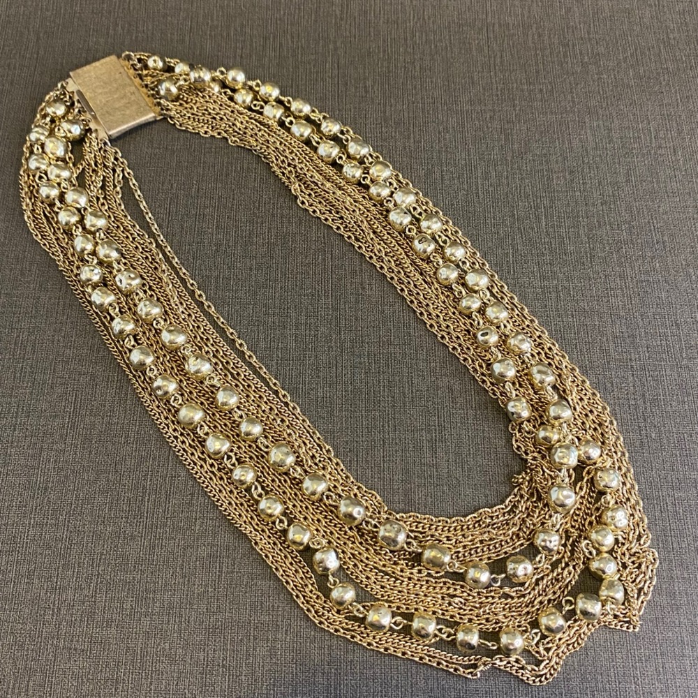 Vintage Multi Strand Gold Tone Beaded Layered Chain Statement Necklace 19"